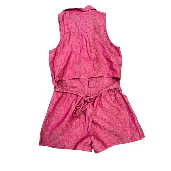 Joie Belted Linen Romper Toinette Pink Cutout Back Pockets Chambray Shorts S - Picture 3 of 15